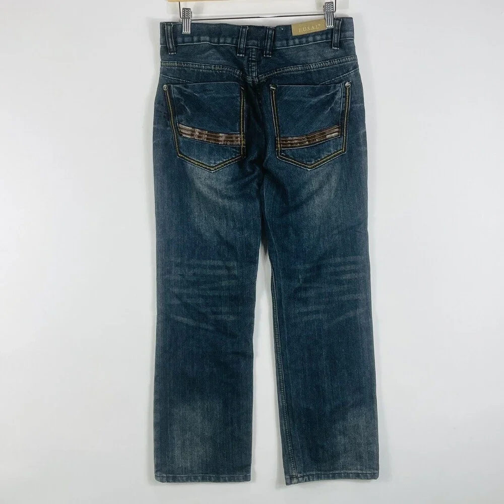FUSAI 1997‎ Straight Leg Leather Trim Pocket Distressed Jeans Mens Sz 30 x 30 - Picture 4 of 8